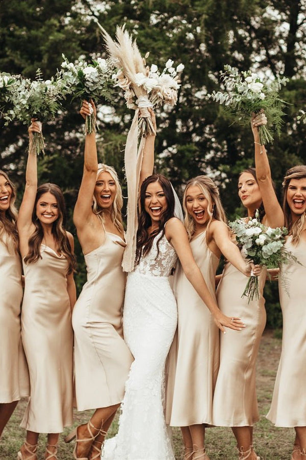 Spaghetti Straps Cowl Neck Tea - Length Champagne Sheath Bridesmaid Dress - KissProm