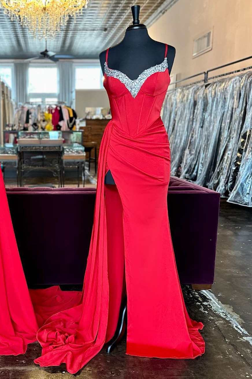Red Beaded Queen Anne Neck Straps Long Formal Gown with Attached Train