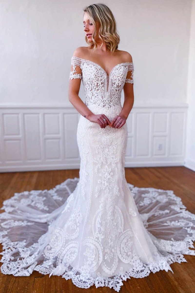 Laney | Mermaid Off-the-Shoulder Short Sleeves Long White Lace Bridal Dress