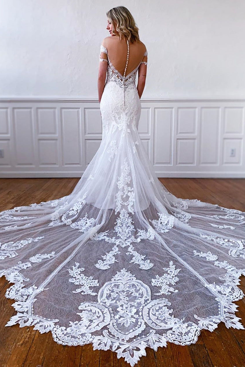 Laney | Mermaid Short Sleeves Long White Lace Bridal Dress