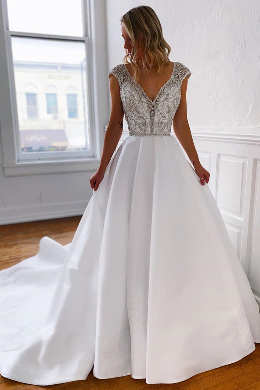 Marleigh | V-Neck Long White Wedding Dress with Silver Beads