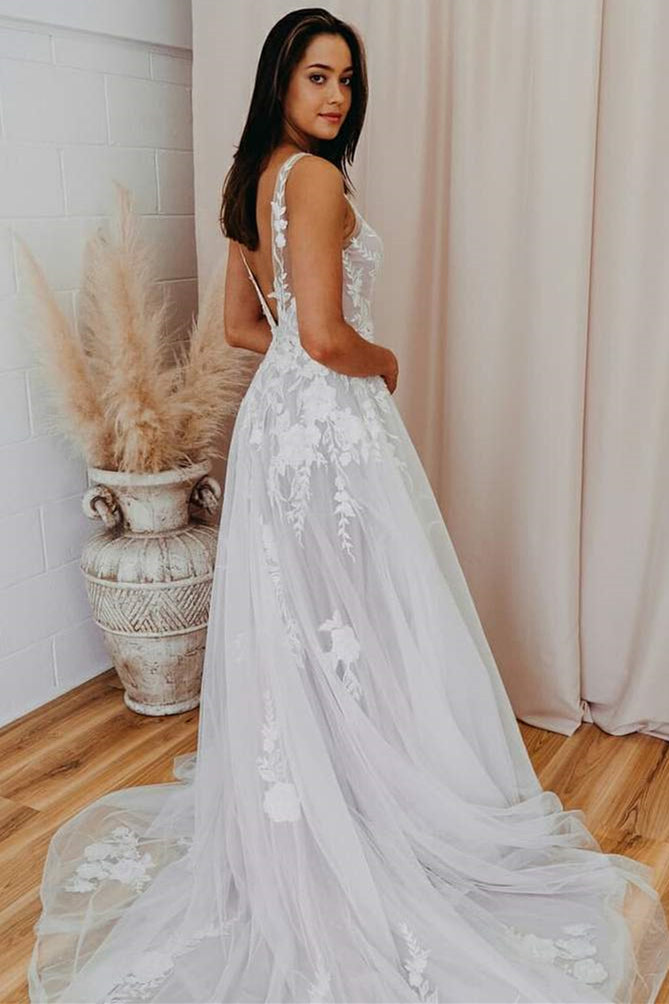 Malaya | V Back Long White Wedding Dress with Lace