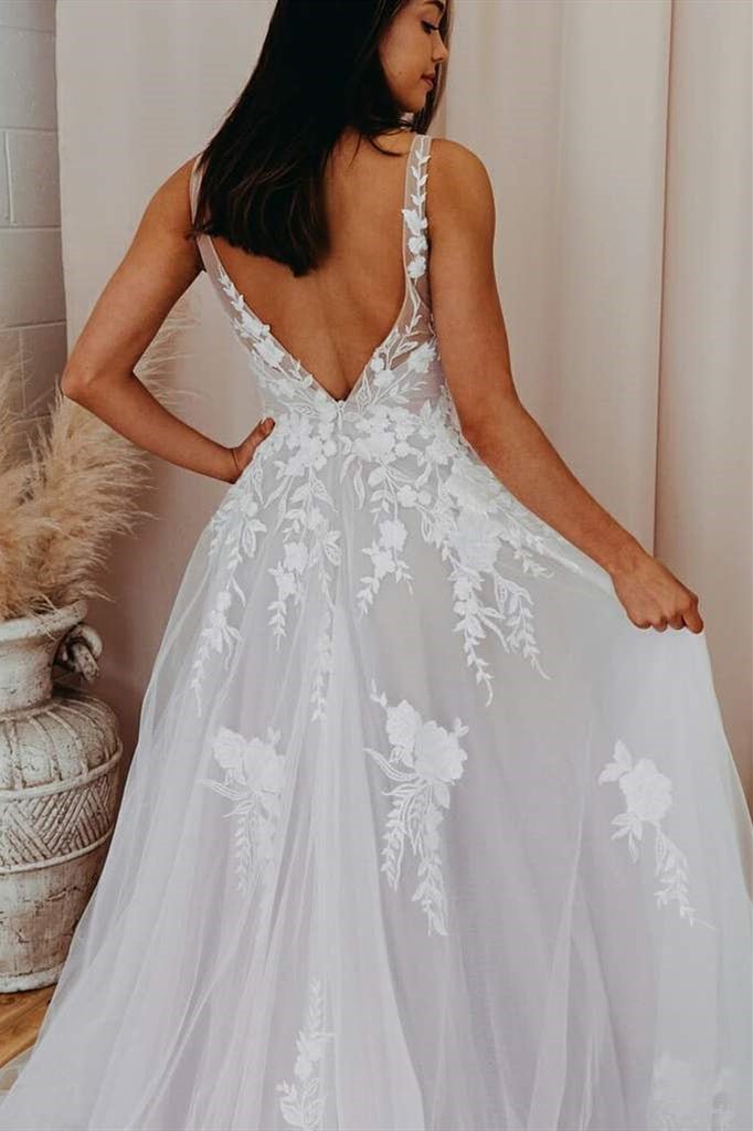 Malaya | A-Line V Back Long White Wedding Dress with Lace Appliqued