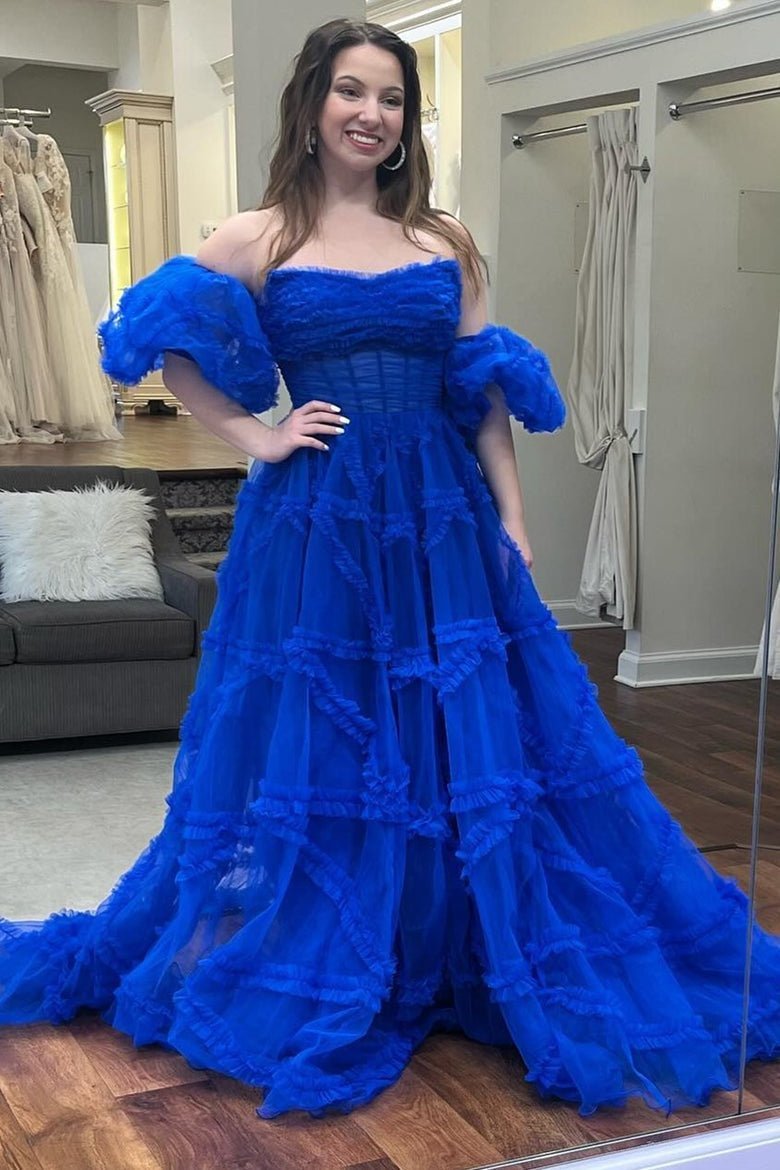 KissProm A-Line Strapless Ruffles Long Formal Dress with Puff Sleeves, Royal Blue / 18