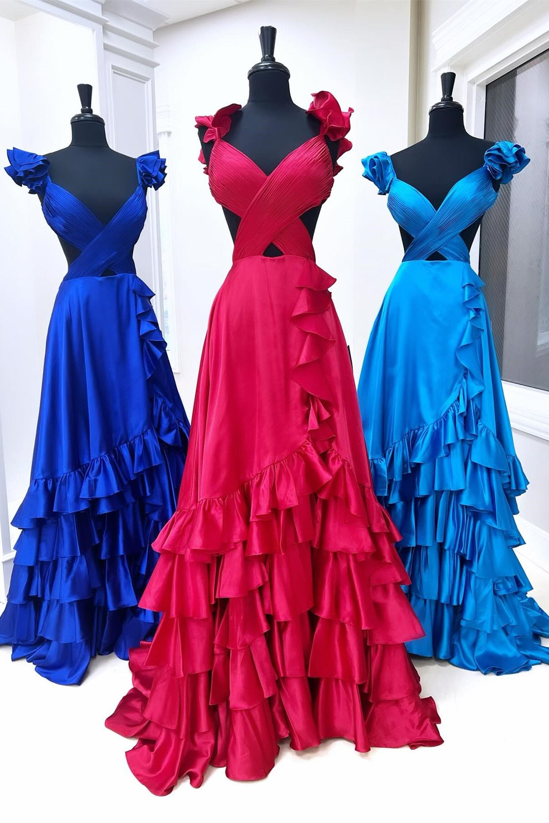 Brittany | Red Cutout Ruffle A-Line Long Prom Dress with Slit