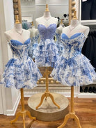 Gilda | Sky Blue - A Line Sweetheart Floral Chiffon Corset Ruffled Homecoming Dresses