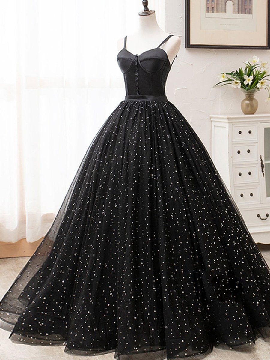 V Neck Glitter Black Long Prom Dress - KissProm