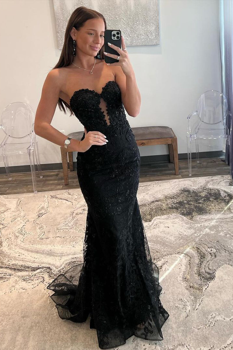 Terry | Black Sweetheart Lace Appliques Mermaid Long Prom Dresses
