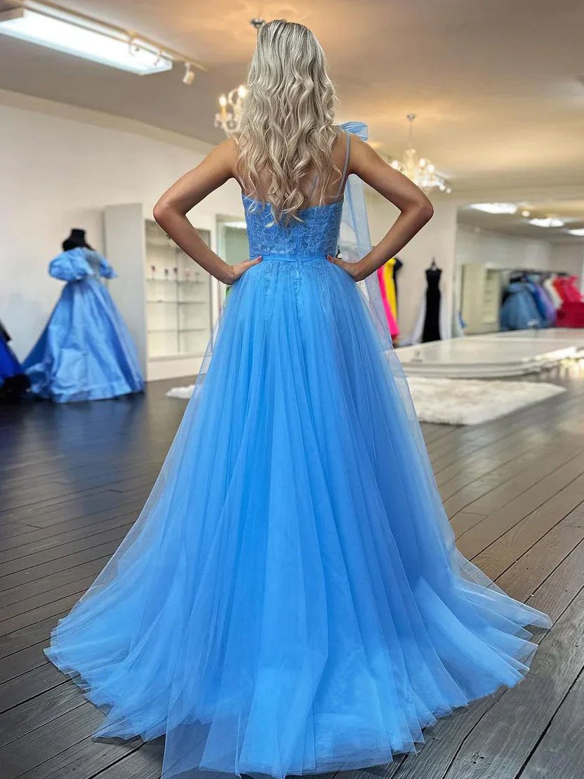 Ximena | Cute A Line One Shoulder Blue Tulle Prom Dress with Appliques - KissProm