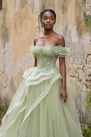Green Tulle Lace Long Prom Dress with Corset, Green Formal Party Dress - KissProm