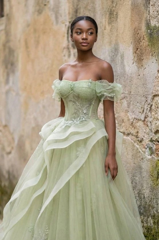 Green Tulle Lace Long Prom Dress with Corset, Green Formal Party Dress - KissProm