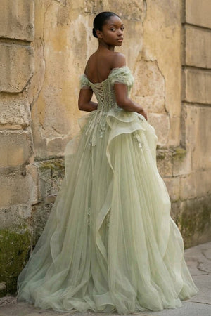 Green Tulle Lace Long Prom Dress with Corset, Green Formal Party Dress - KissProm