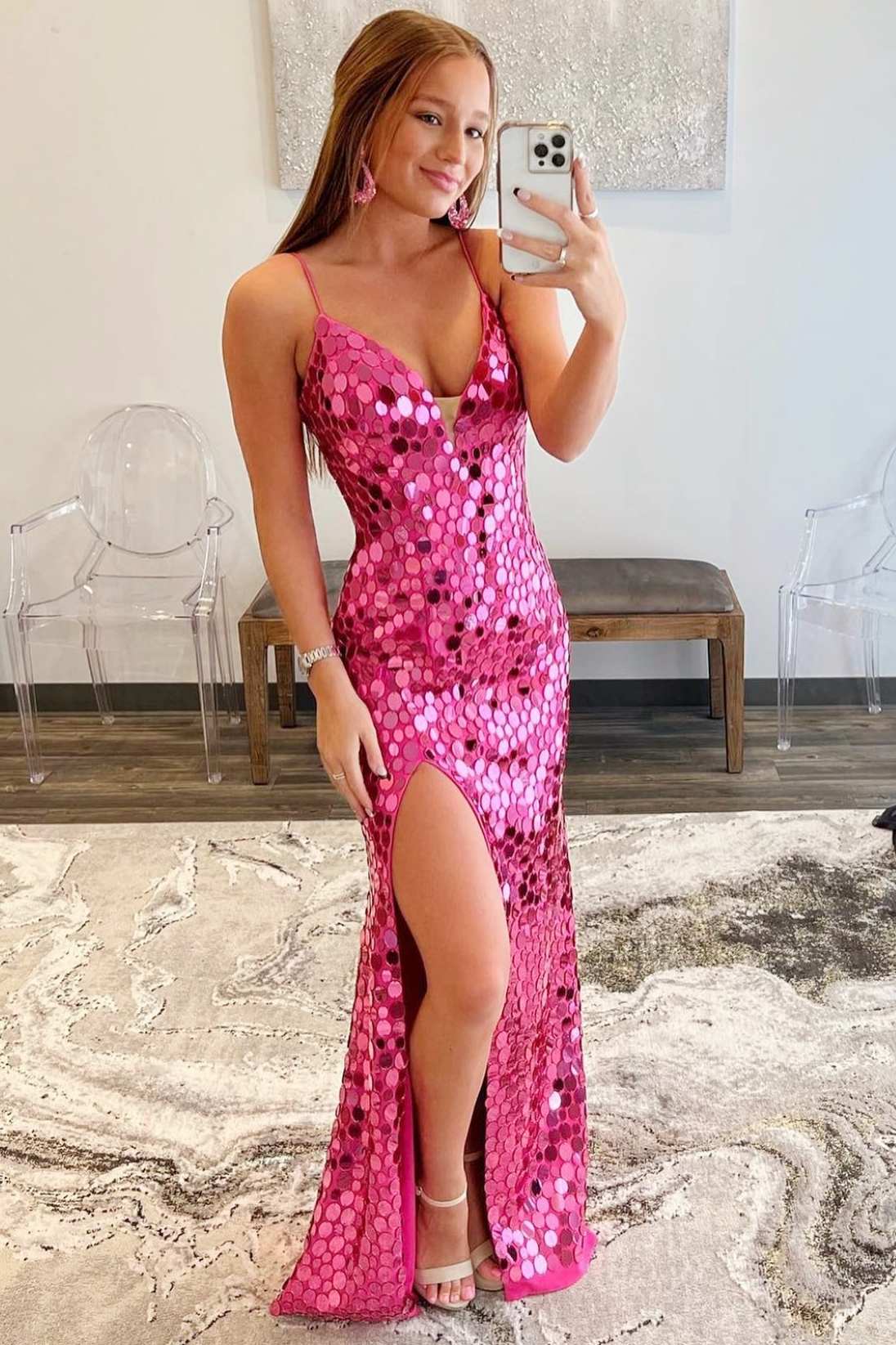 Pink Oval Glass Mirror V-Neck Long Prom Dress with Slit