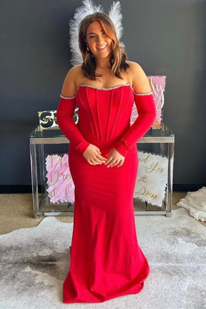 Aqua Off - the - Shoulder Long Sleeve Mermaid Formal Dress - KissProm