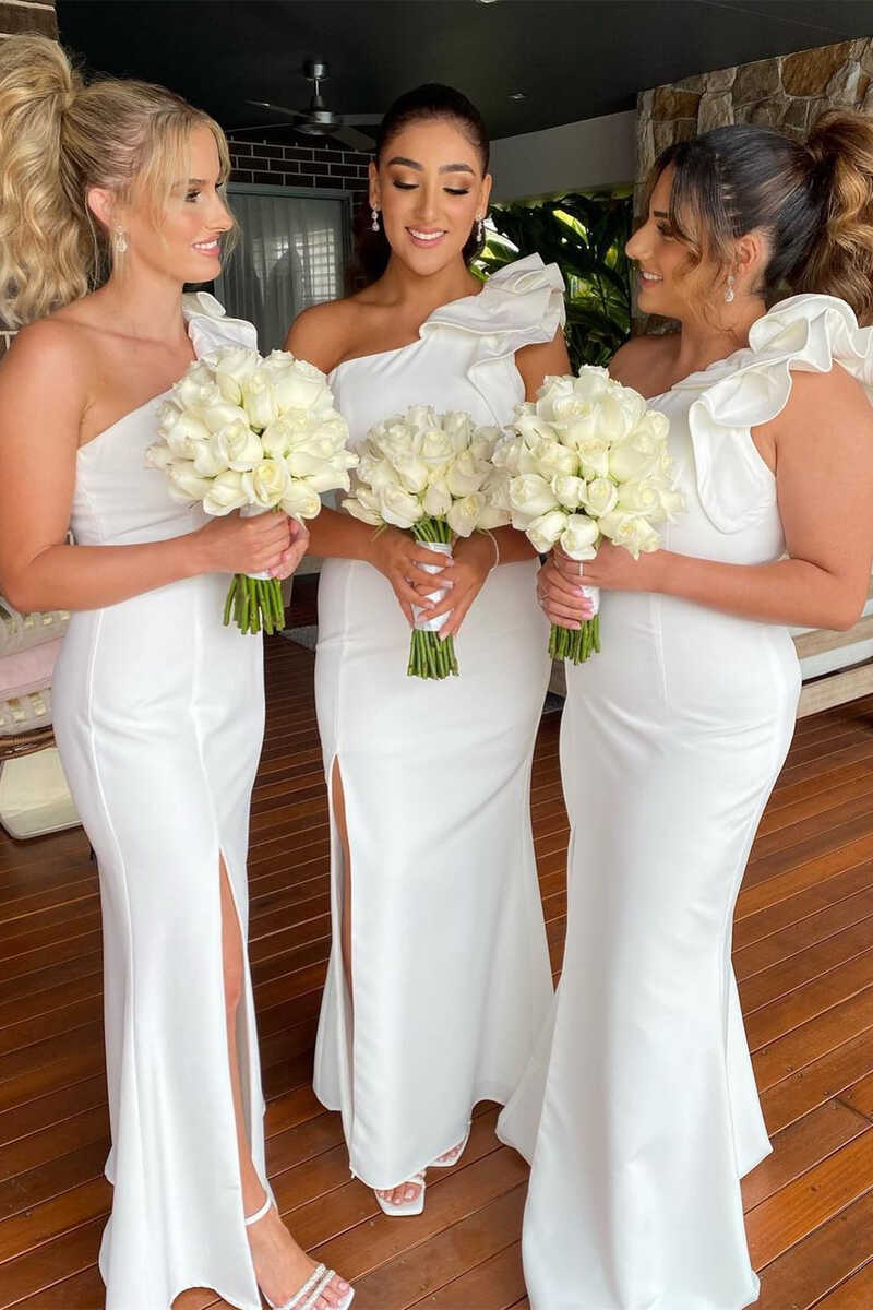 White One - Shoulder Flower Mermaid Long Bridesmaid Dress - KissProm