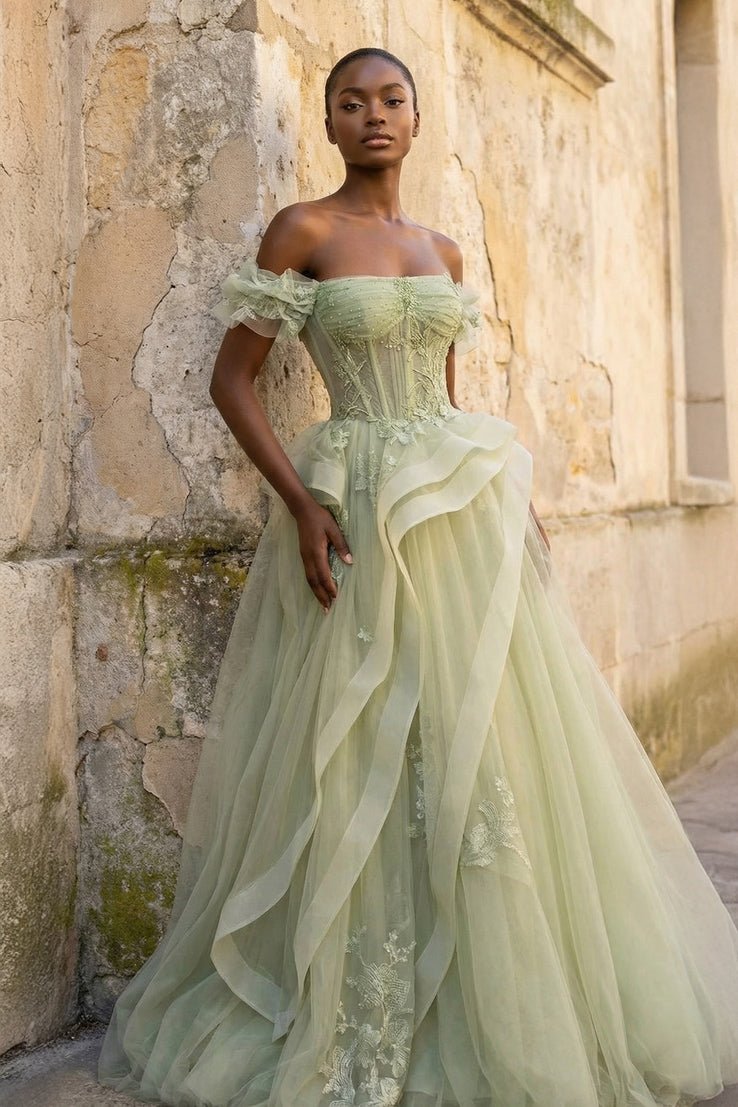 Green Tulle Lace Long Prom Dress with Corset, Green Formal Party Dress - KissProm