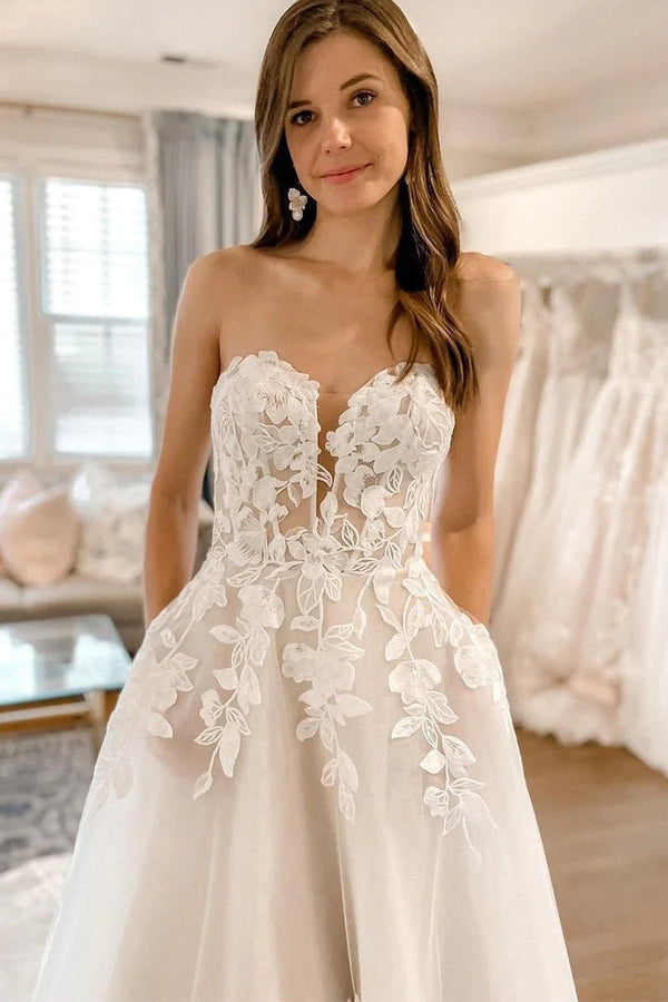 Cute A Line Sweetheart Tulle Wedding Dresses with Lace | KissProm