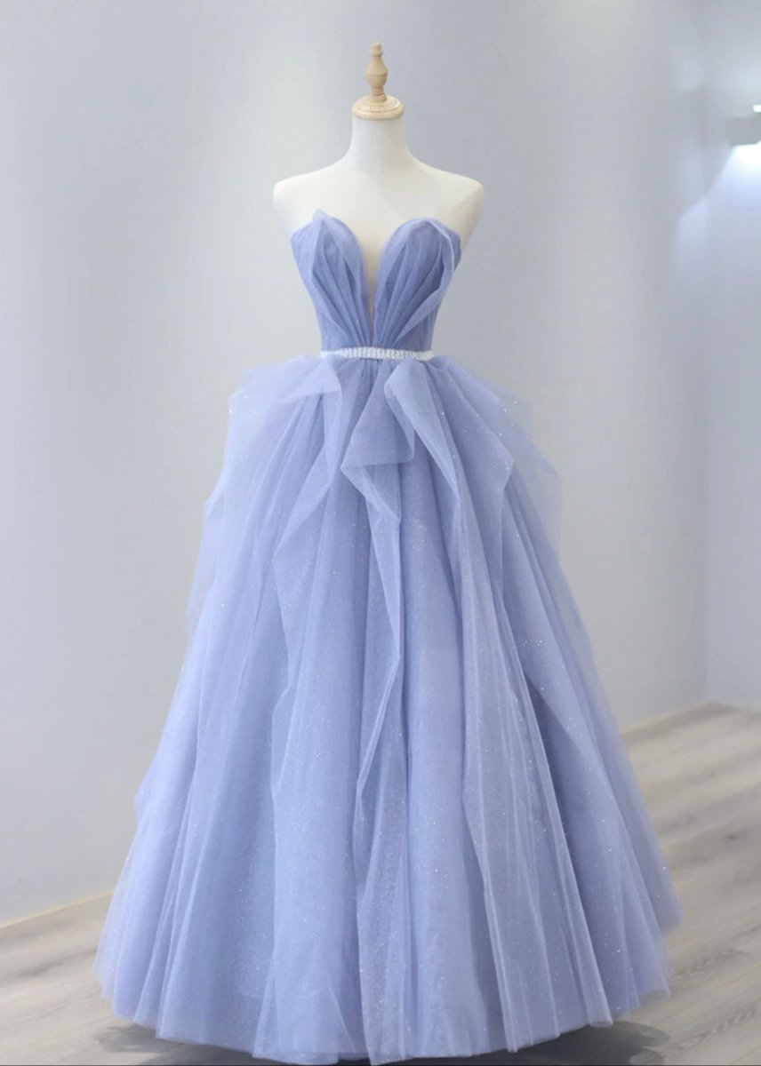Aleah | Blue Strapless Tulle Long Prom Dress, Lovely Sweetheart Neckline Evening Dress - KissProm