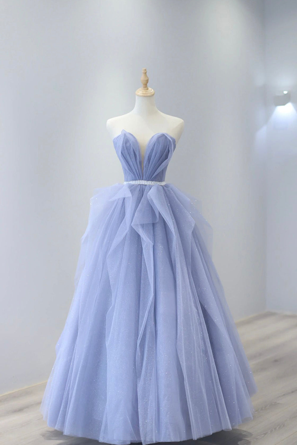 Aleah | Blue Strapless Tulle Long Prom Dress, Lovely Sweetheart Neckline Evening Dress