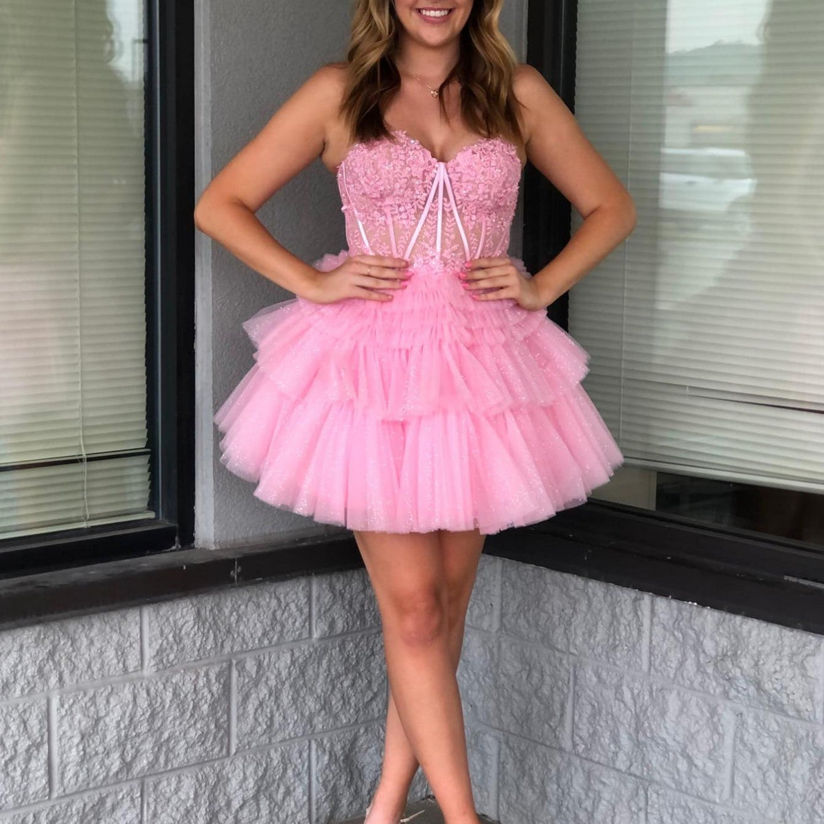 JVN25912 Pink Corset Bodice Fit and Flare Homecoming Dress