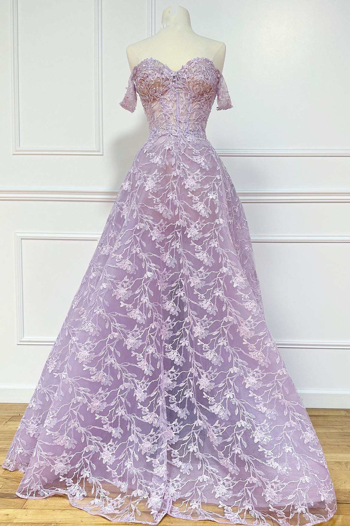 Lilac Floral Lace Off-the-Shoulder A-Line Prom Dress