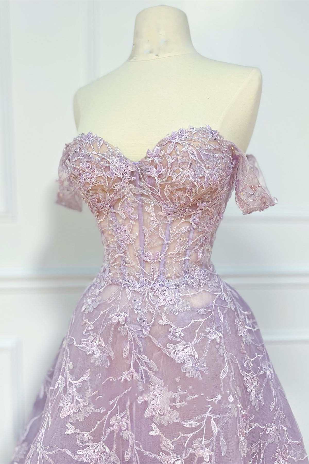 Lilac Floral Lace Off-the-Shoulder A-Line Prom Dress