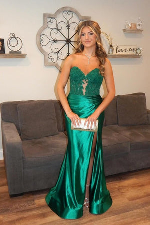 KissProm-Aeth Green Strapless Lace Mermaid Long Prom Dresses With Slit