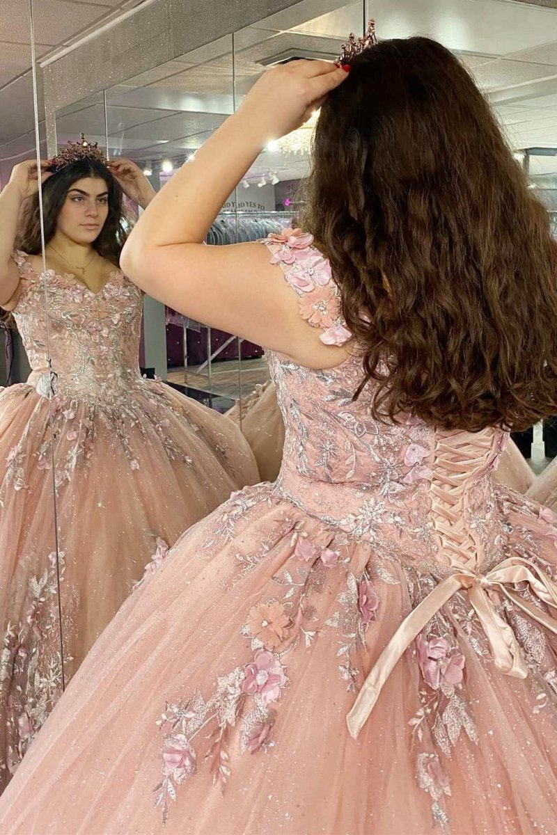 Quinceanera Dress Glitter Pink 3D Floral Lace Off-the-Shoulder Pink / 14 Quinceanera Dress Glitter Pink 3D Floral Lace Off-the-Shoulder Pink / 14