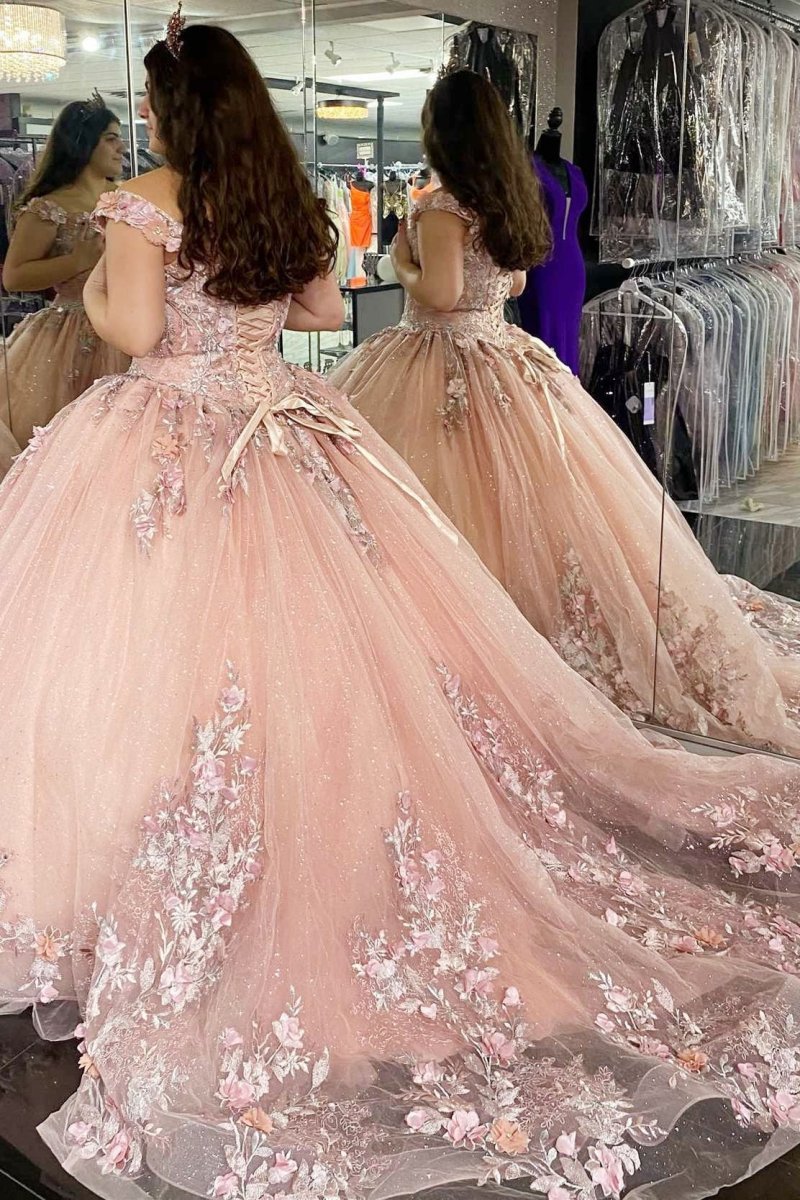Quinceanera Dress Glitter Pink 3D Floral Lace Off - the - Shoulder - KissProm