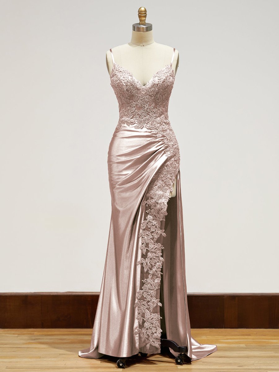Sheath Spaghetti Straps Black Satin Long Prom Dresses with Lace Appliques, Blush Pink / 12