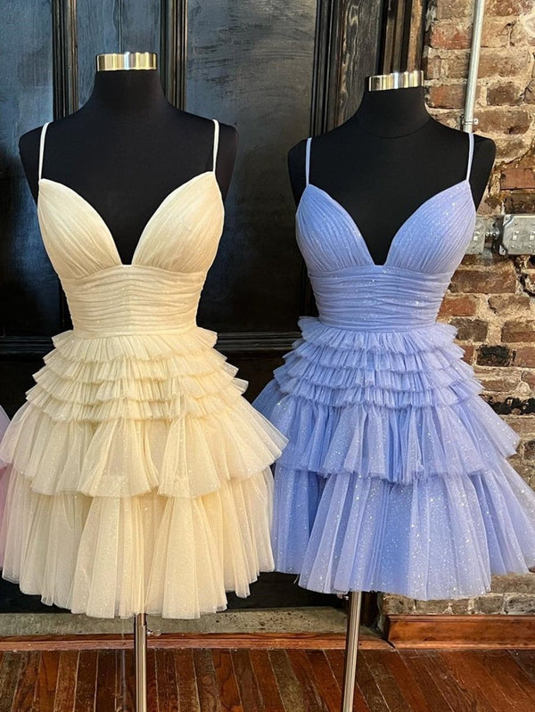 A-Line Deep V Neck Tiered Short Homecoming Dress - KissProm