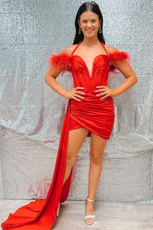 Haley | Red Halter Ruching Homecoming Dress with Attached Train - KissProm