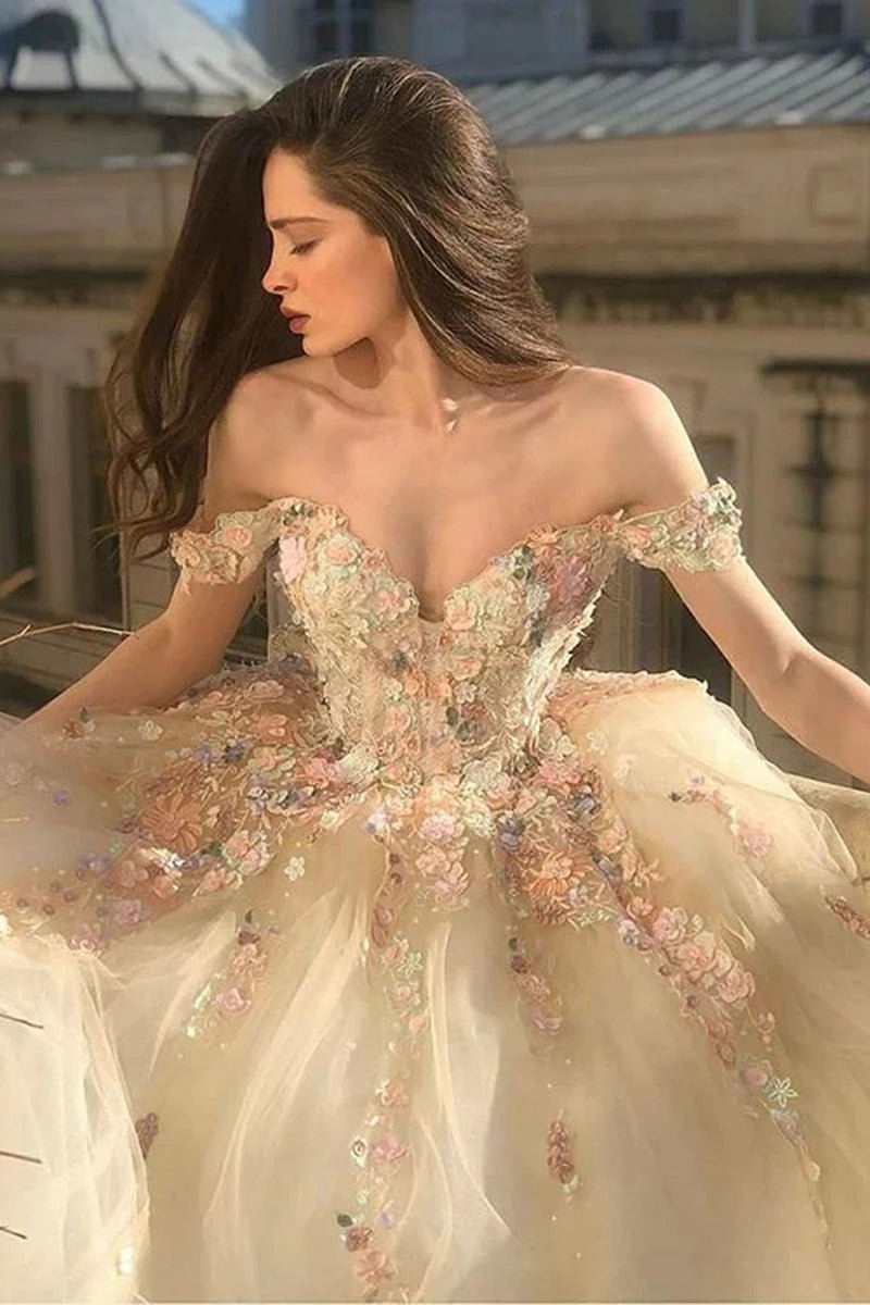 fitted lace wedding dress Off Shoulder Long Champagne Lace Champagne Quinceanera Dresses, Champagne / 2