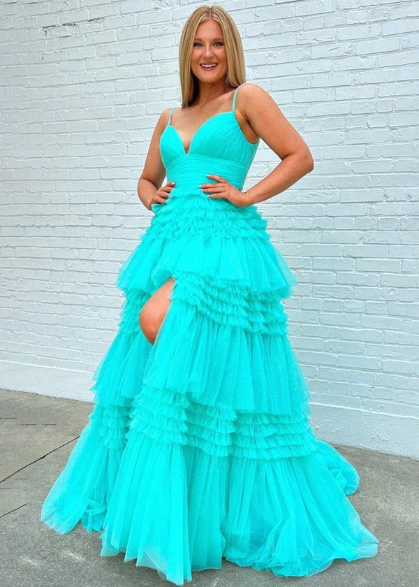 Amanda| A-Line Spaghetti Straps Long Tiered Tulle Prom Dress With Split