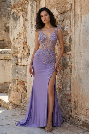 Solstice | Charming Mermaid V Neck Sage Green Slit Prom Dresses with Appliques - KissProm