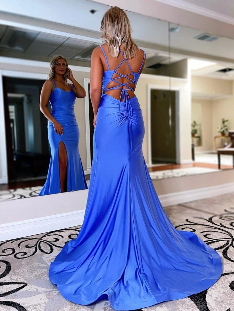 KissProm Mermaid Spaghetti Straps Satin Prom Dress, Royal Blue / 12