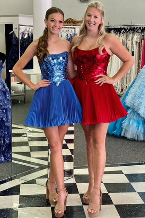 Hadassah | Red Cut Glass Mirror Strapless A-Line Gathered Party Dress