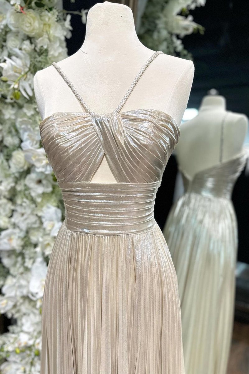 Madalyn Metallic A-line Prom Dress: Gold & Purple Halter Gown with Slit