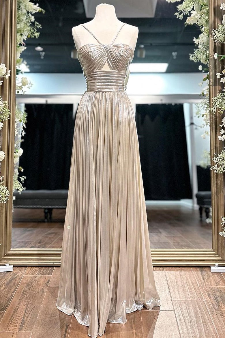 Madalyn Metallic A-line Prom Dress: Gold & Purple Halter Gown with Slit Madalyn Metallic A-line Prom Dress: Gold & Purple Halter Gown with Slit