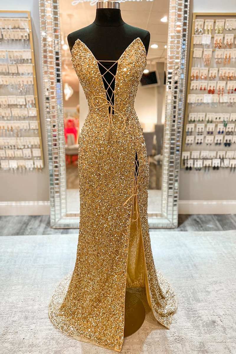 Gold Sequin Strapless Lace-Up Front Long Prom Dress with Slit