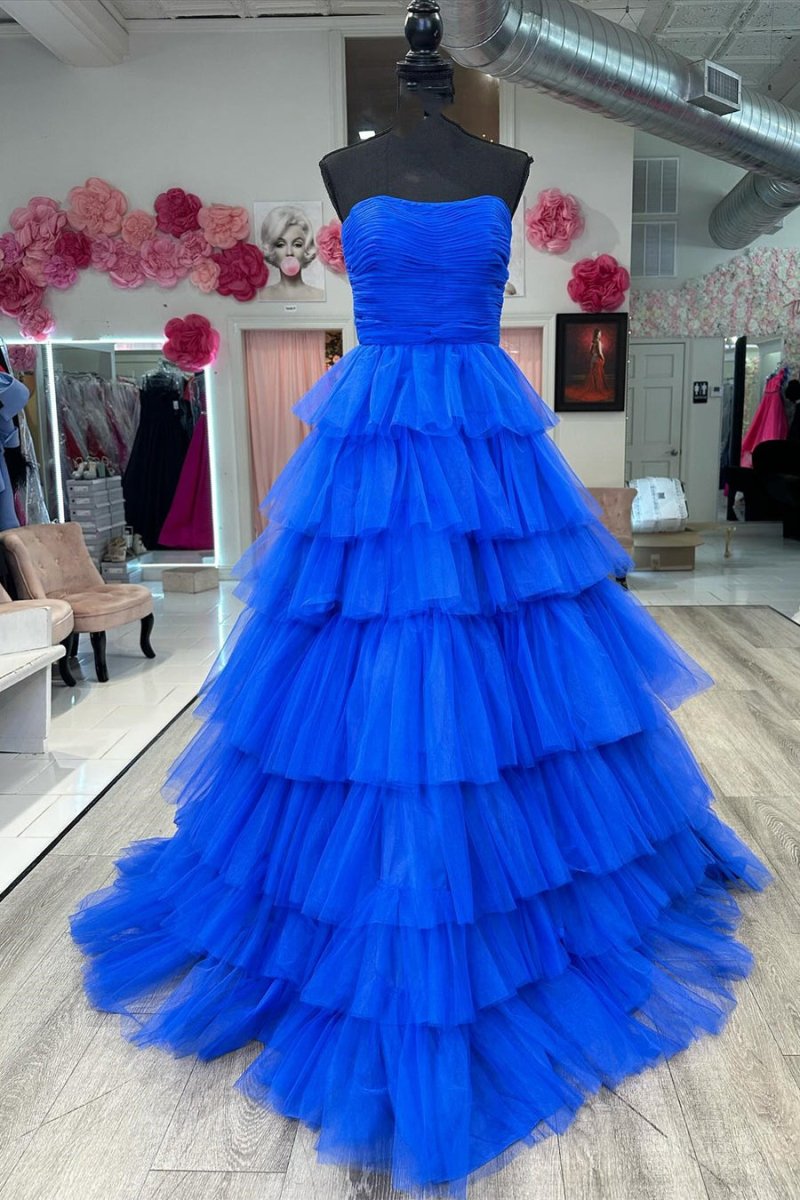 Daleyza |A-Line Strapless Tiered Tulle Prom Dress with Ruffles