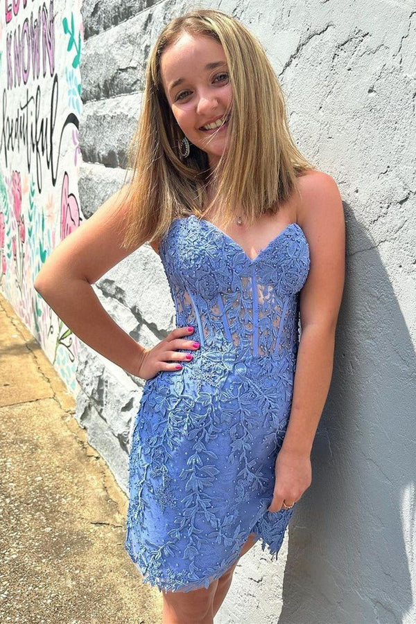 Aqua Blue Sweetheart Sheer Lace Corset Tight Homecoming Dress Periwinkle / 12 Aqua Blue Sweetheart Sheer Lace Corset Tight Homecoming Dress Periwinkle / 12