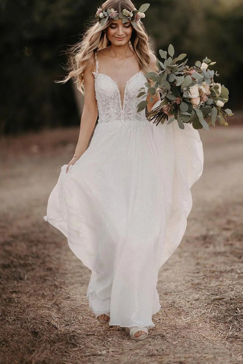 Roena | Fairy A-Line V-Neck Chiffon Long Wedding Dresses with Appliques