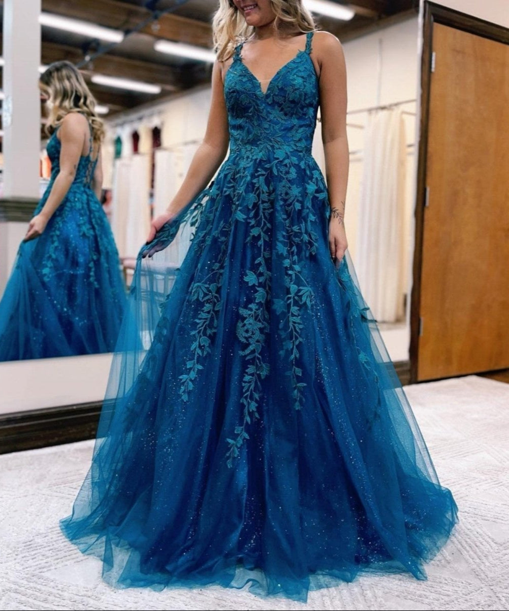 A Line Ink Blue Glitter Tulle Lace Prom Dress, Ink Blue / 8