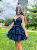 A-Line Deep V Neck Tiered Short Homecoming Dress - KissProm