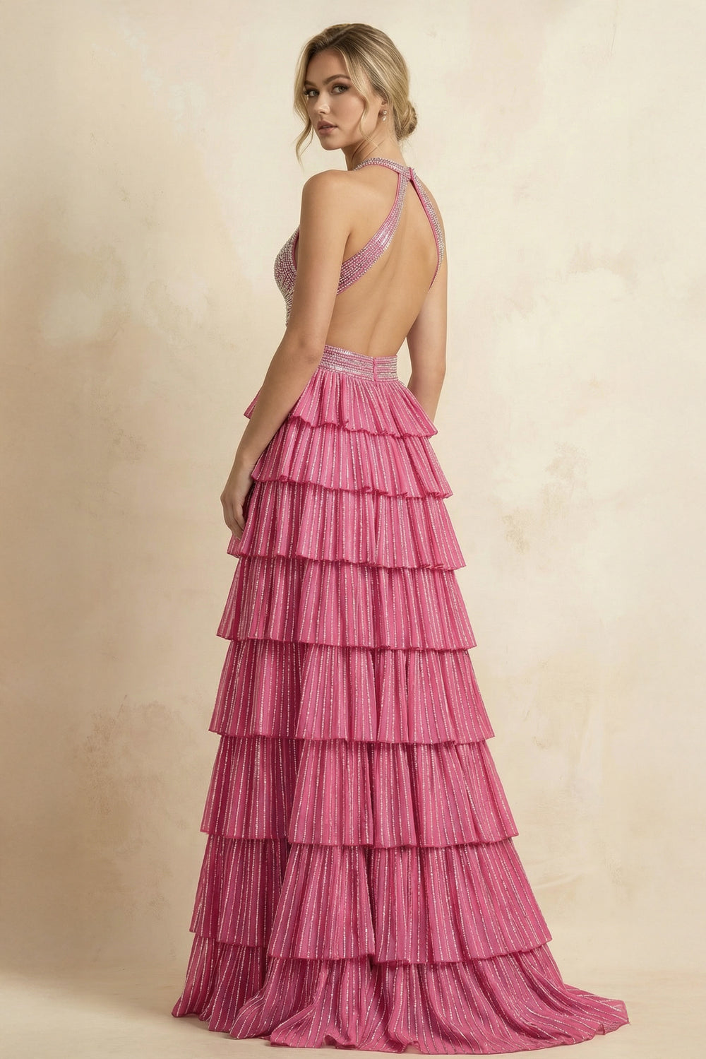 Dusty Pink - A-Line Halter Satin Beaded Long Prom Dresses With Ruffles