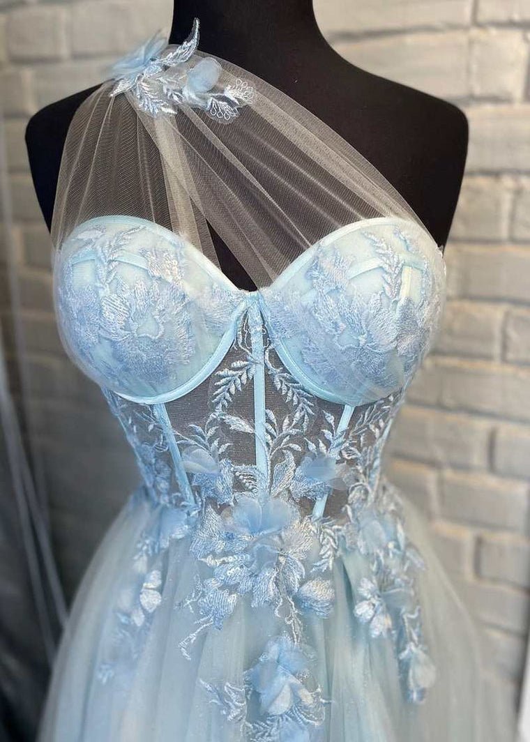 A Line One Shoulder Black Long Prom Dress with Appliques