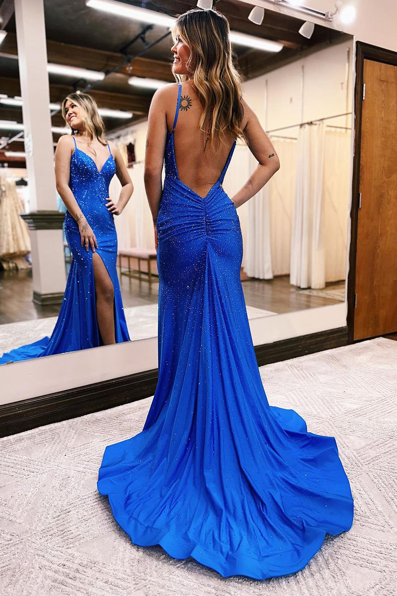 Royal Blue Beaded V Neck Mermaid Long Prom Dresses with Slit
