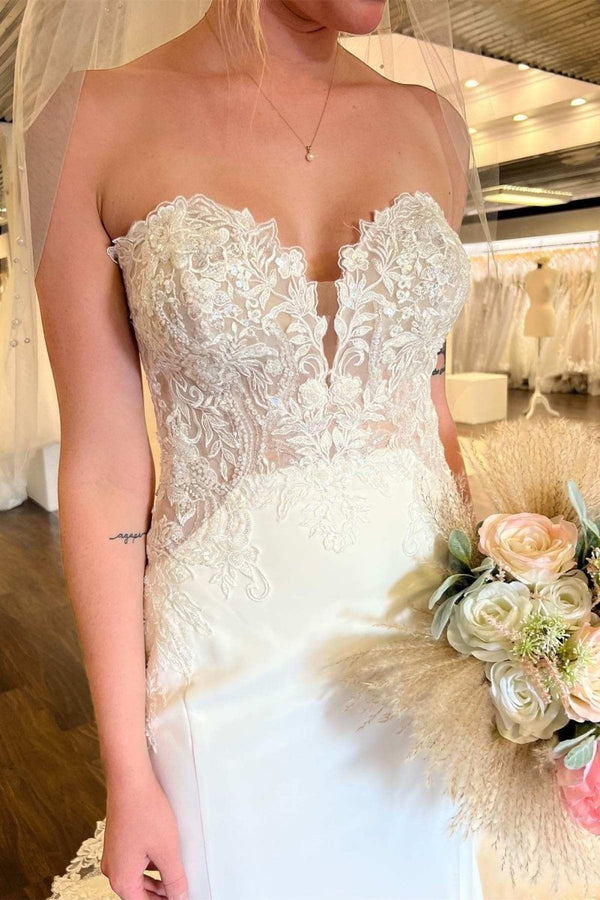 White Lace Strapless Mermaid Long Wedding Dress