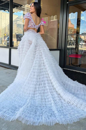 Layne |A line Square Neck Tulle Prom Dress with Ruffles - KissProm